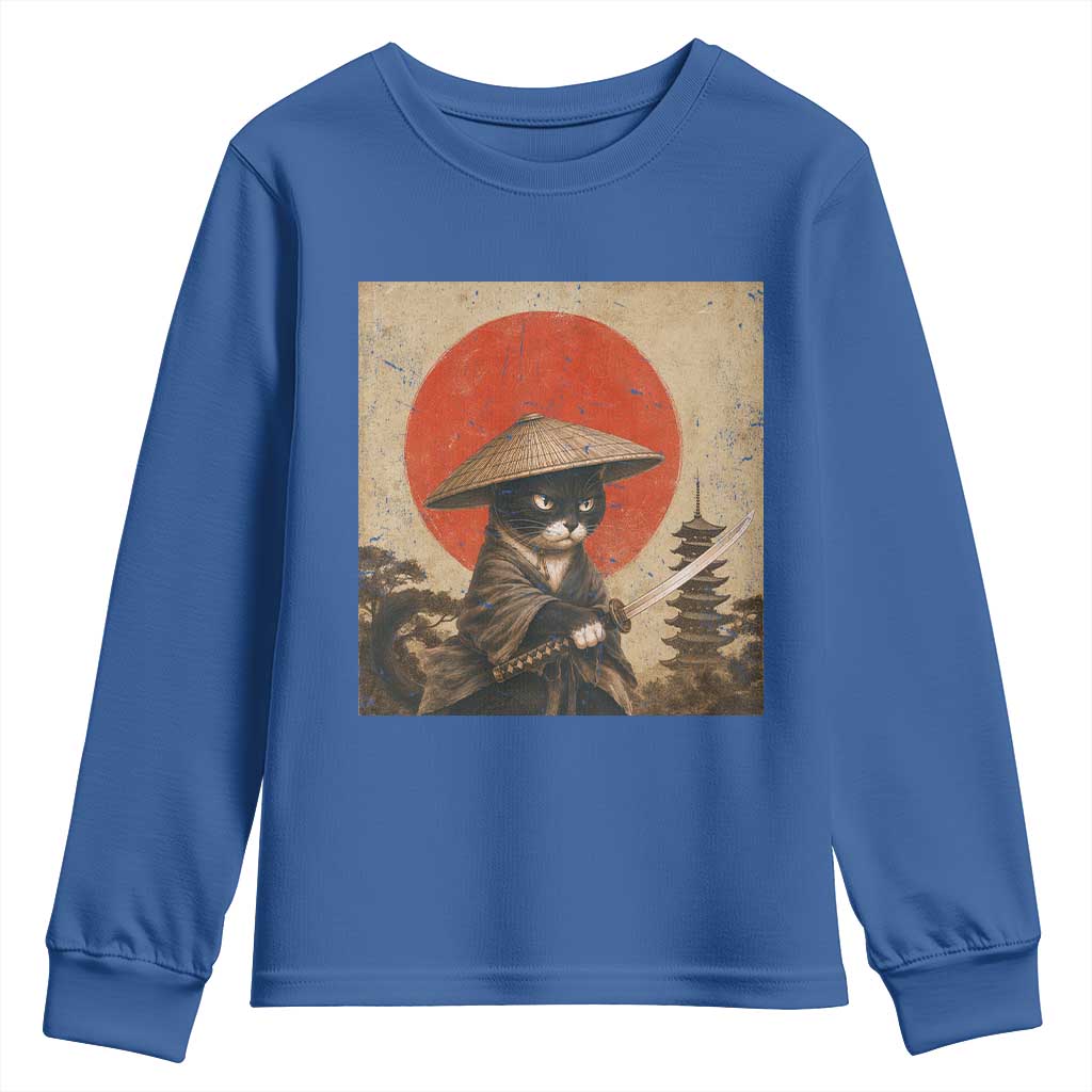 Vintage Samurai Black Cat Japanese Katana Youth Sweatshirt Ukiyoe Cat Lover Gift TS12 Royal Blue Print Your Wear