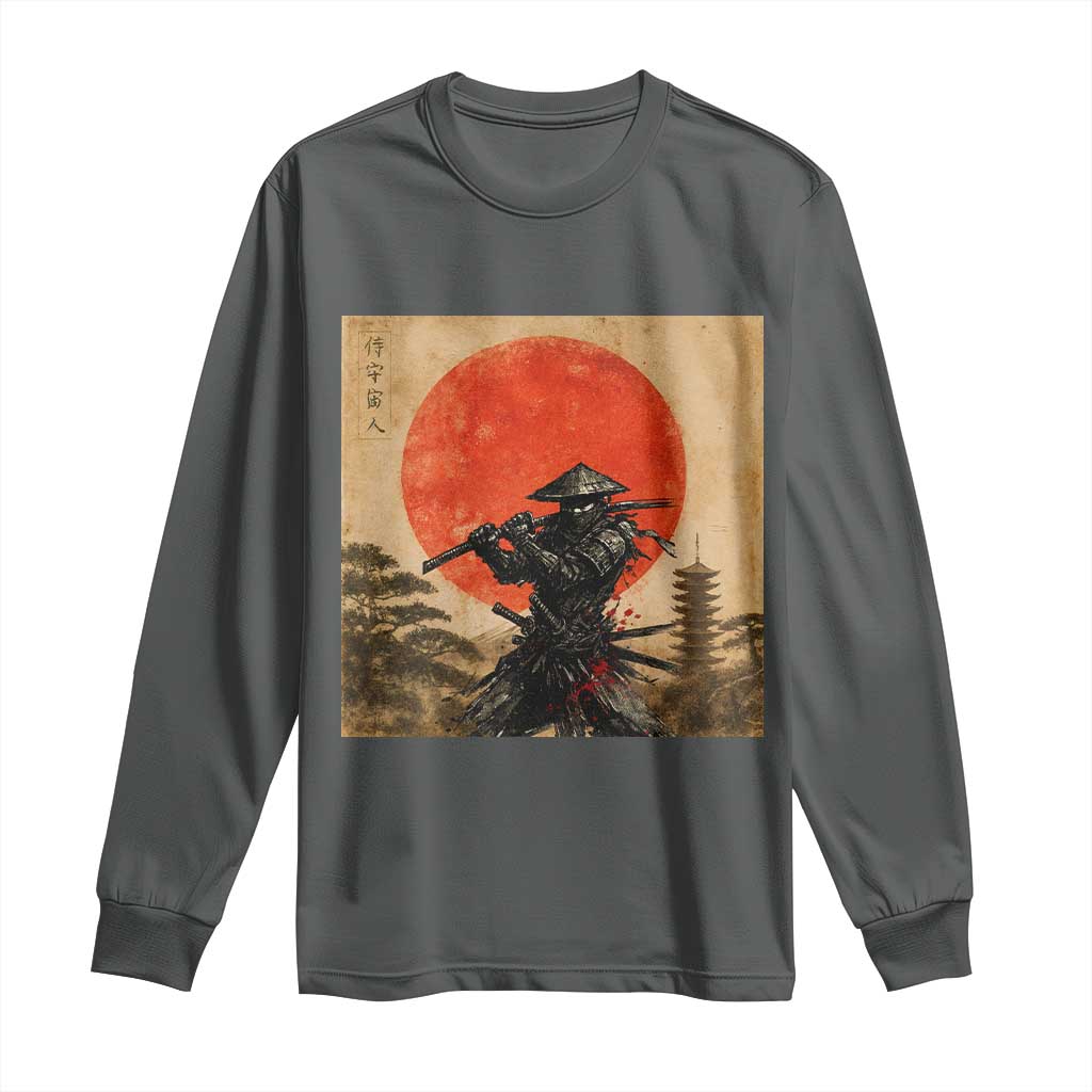 Japanese Samurai Long Sleeve Shirt Warrior With Katana Vintage Ukiyoe Style TS12 Dark Heather Print Your Wear