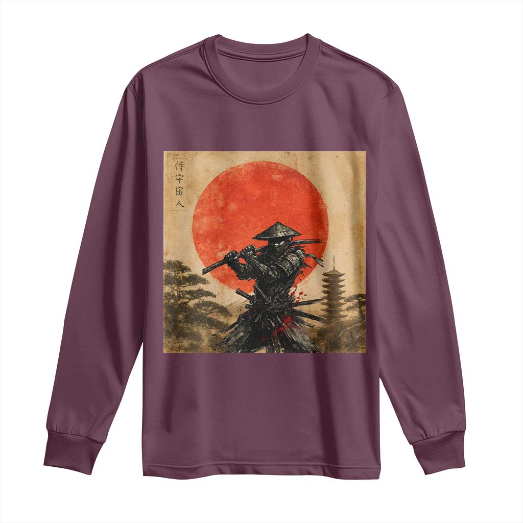 Japanese Samurai Long Sleeve Shirt Warrior With Katana Vintage Ukiyoe Style TS12 Maroon Print Your Wear