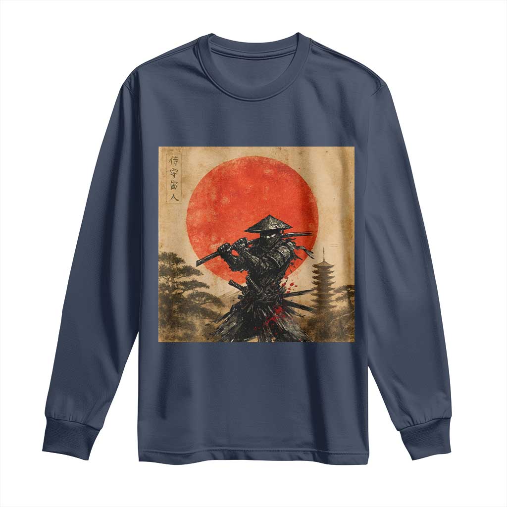 Japanese Samurai Long Sleeve Shirt Warrior With Katana Vintage Ukiyoe Style TS12 Navy Print Your Wear
