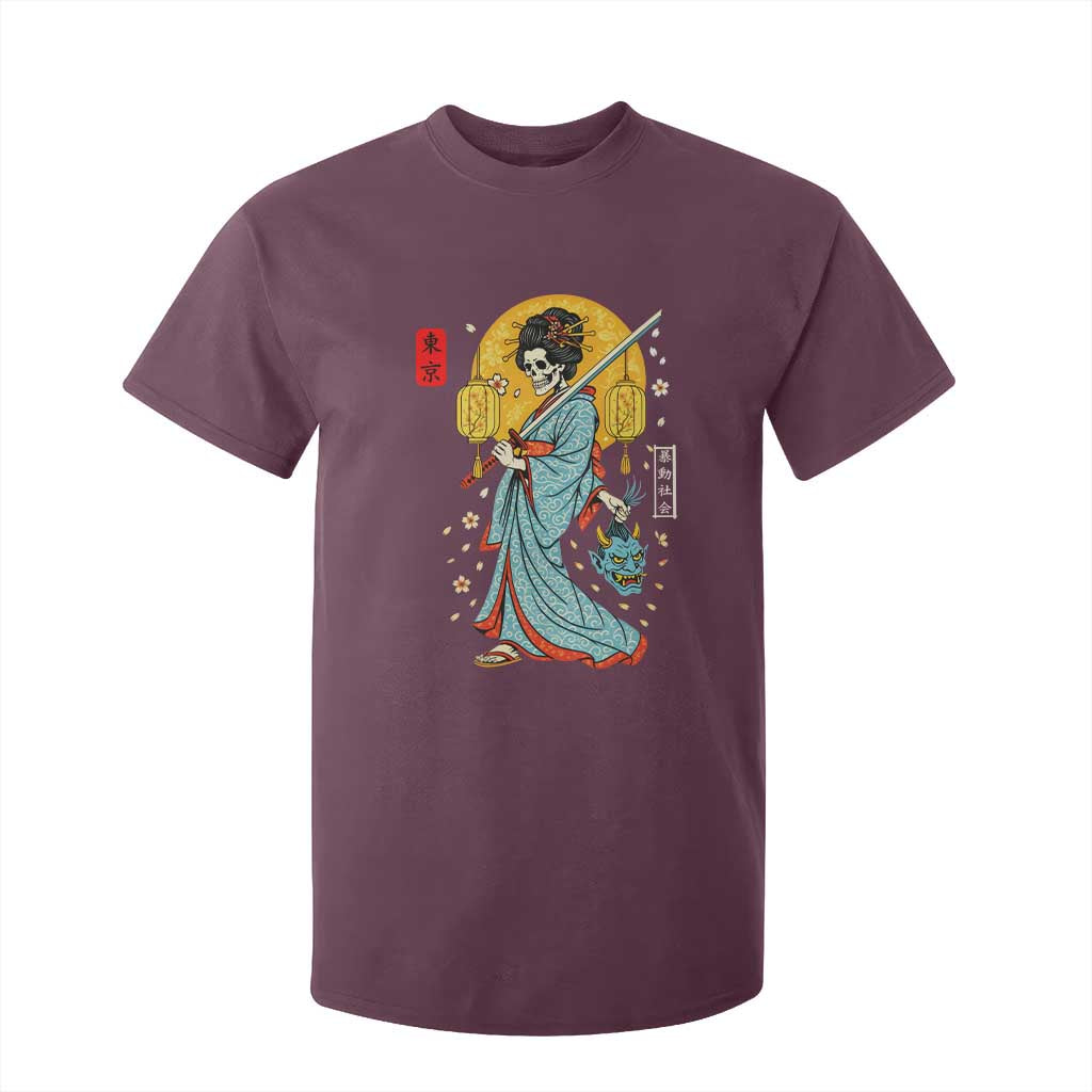 Horror Samurai Geisha Skull T Shirt For Kid Japanese Kimono And Katana TS12 Maroon Print Your Wear