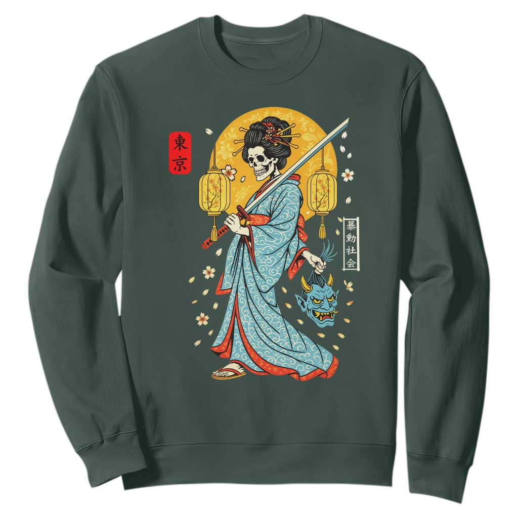 Horror Samurai Geisha Skull Sweatshirt Japanese Kimono And Katana TS12 Dark Forest Green Print Your Wear