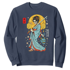 Horror Samurai Geisha Skull Sweatshirt Japanese Kimono And Katana TS12 Navy Print Your Wear