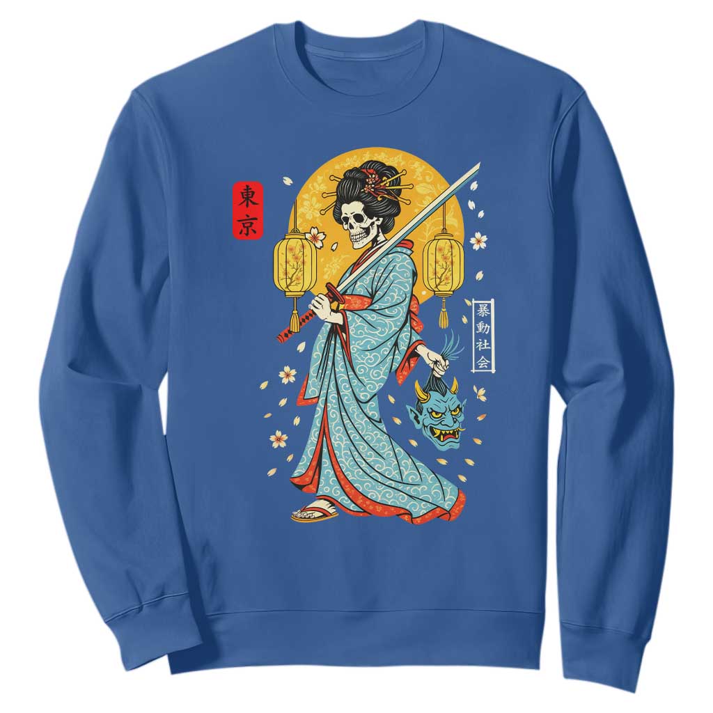 Horror Samurai Geisha Skull Sweatshirt Japanese Kimono And Katana TS12 Royal Blue Print Your Wear