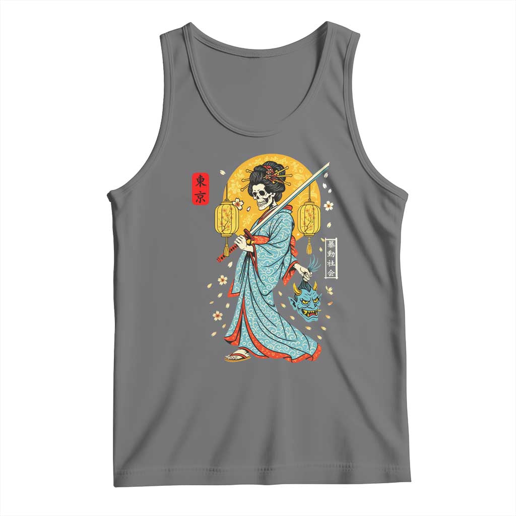 Horror Samurai Geisha Skull Tank Top Japanese Kimono And Katana TS12 Black Heather Print Your Wear