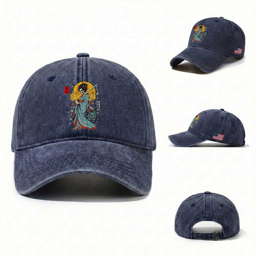 Horror Samurai Geisha Skull Washed Cotton Baseball Cap Japanese Kimono And Katana TS12 Washed Cap Universal Fit Navy Print Your Wear