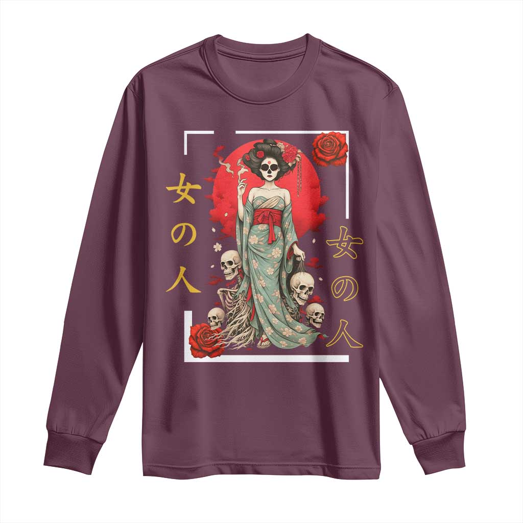Gothic Japanese Geisha Skeleton Long Sleeve Shirt Wearing Kimono TS12 Maroon Print Your Wear