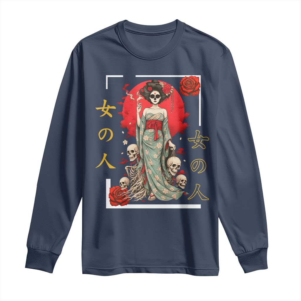 Gothic Japanese Geisha Skeleton Long Sleeve Shirt Wearing Kimono TS12 Navy Print Your Wear