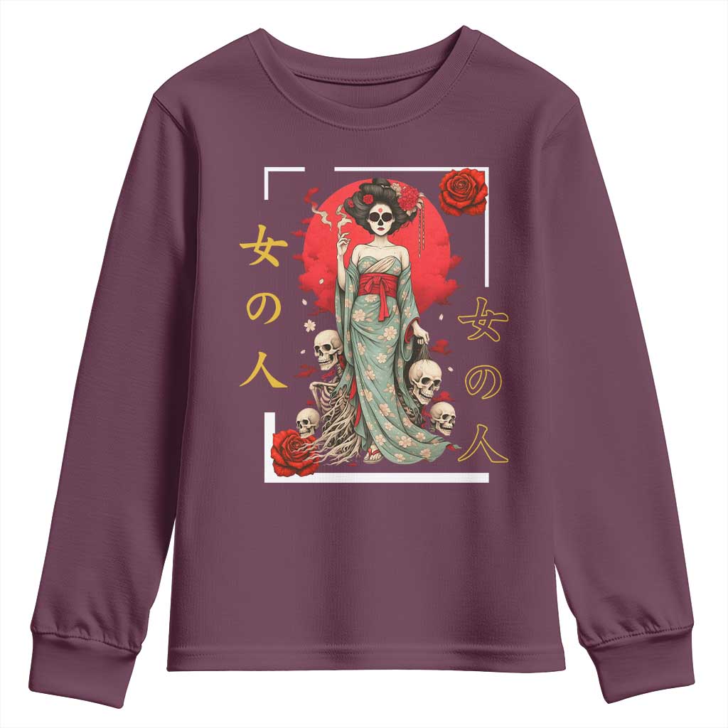 Gothic Japanese Geisha Skeleton Youth Sweatshirt Wearing Kimono TS12 Maroon Print Your Wear