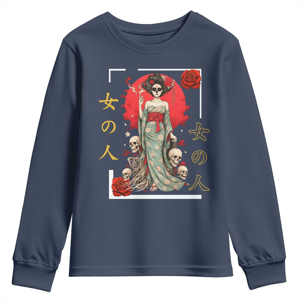 Gothic Japanese Geisha Skeleton Youth Sweatshirt Wearing Kimono TS12 Navy Print Your Wear