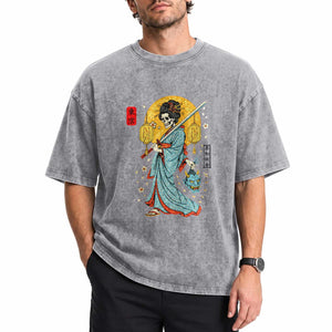 Gothic Samurai Geisha Skeleton Washed Cotton T-Shirt Japanese Kimono And Katana