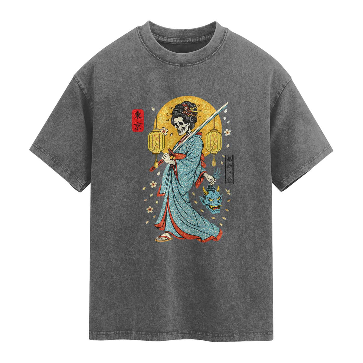 Gothic Samurai Geisha Skeleton Washed Cotton T-Shirt Japanese Kimono And Katana