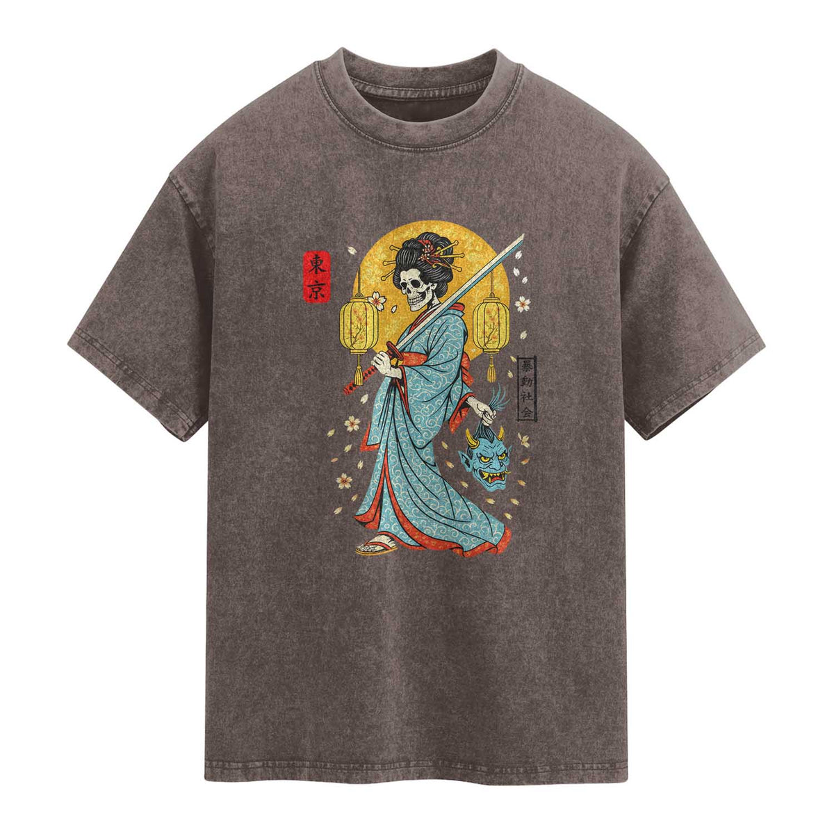 Gothic Samurai Geisha Skeleton Washed Cotton T-Shirt Japanese Kimono And Katana