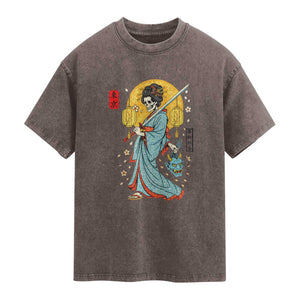 Gothic Samurai Geisha Skeleton Washed Cotton T-Shirt Japanese Kimono And Katana