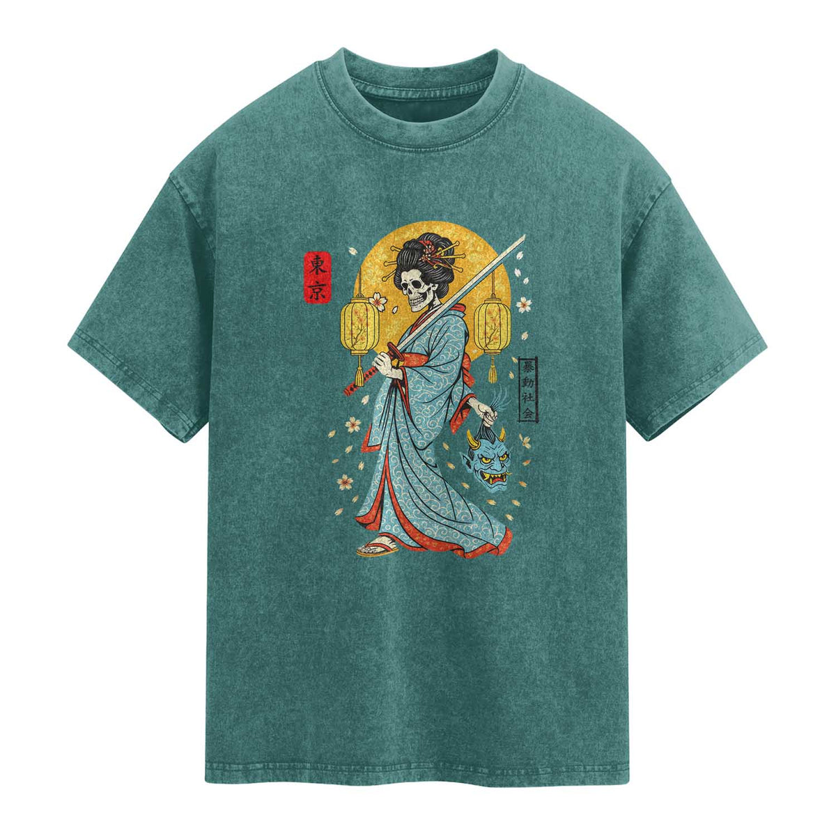 Gothic Samurai Geisha Skeleton Washed Cotton T-Shirt Japanese Kimono And Katana