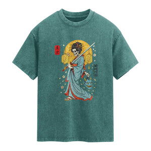 Gothic Samurai Geisha Skeleton Washed Cotton T-Shirt Japanese Kimono And Katana