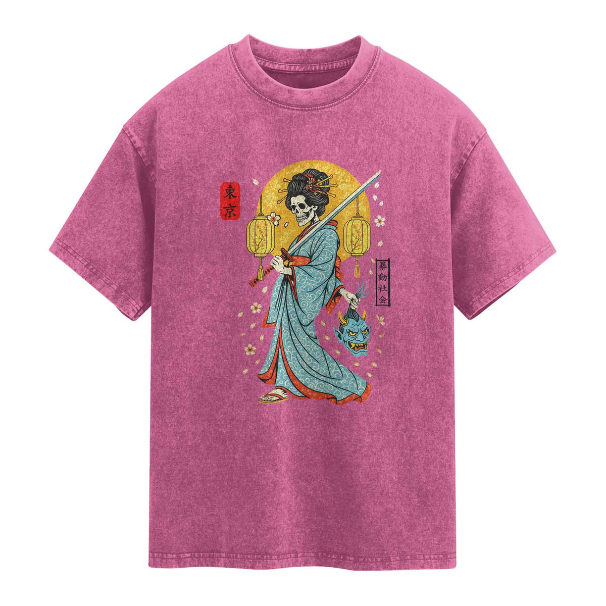 Gothic Samurai Geisha Skeleton Washed Cotton T-Shirt Japanese Kimono And Katana