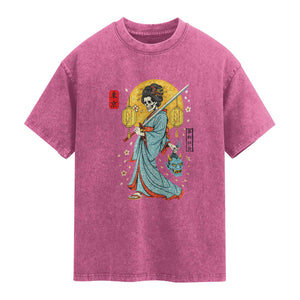 Gothic Samurai Geisha Skeleton Washed Cotton T-Shirt Japanese Kimono And Katana