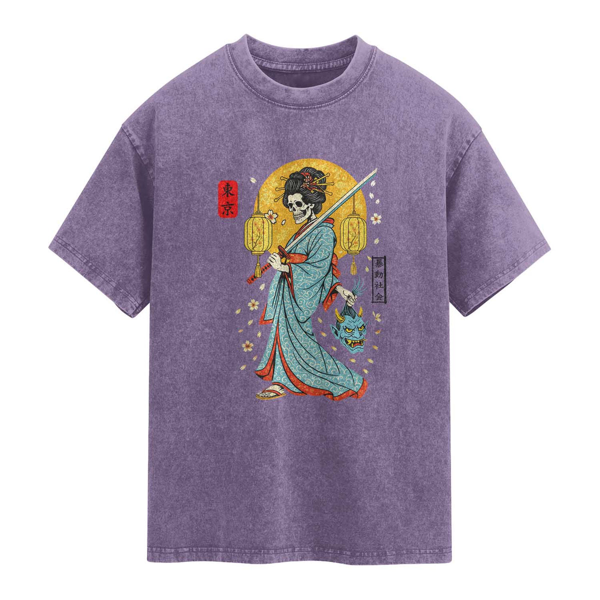Gothic Samurai Geisha Skeleton Washed Cotton T-Shirt Japanese Kimono And Katana