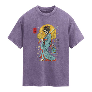 Gothic Samurai Geisha Skeleton Washed Cotton T-Shirt Japanese Kimono And Katana