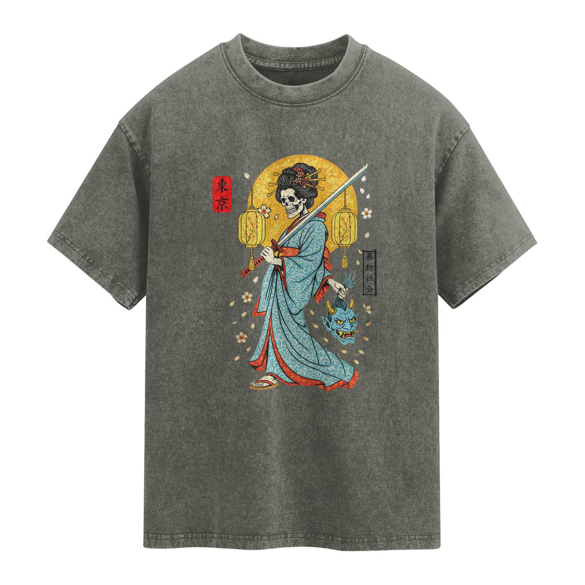 Gothic Samurai Geisha Skeleton Washed Cotton T-Shirt Japanese Kimono And Katana