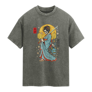 Gothic Samurai Geisha Skeleton Washed Cotton T-Shirt Japanese Kimono And Katana