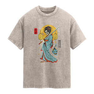Gothic Samurai Geisha Skeleton Washed Cotton T-Shirt Japanese Kimono And Katana