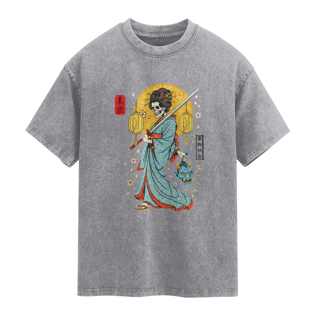 Gothic Samurai Geisha Skeleton Washed Cotton T-Shirt Japanese Kimono And Katana