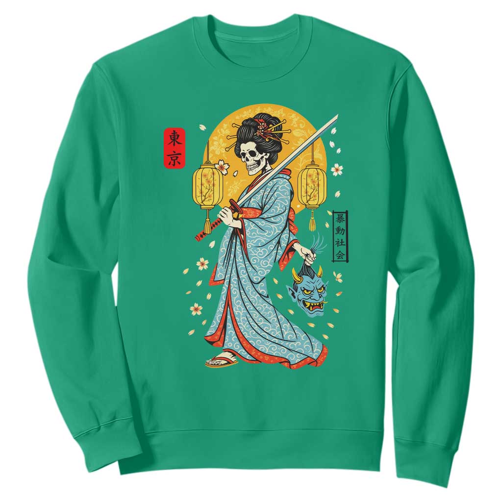 Gothic Samurai Geisha Skeleton Sweatshirt Japanese Kimono And Katana TS12 Irish Green Print Your Wear