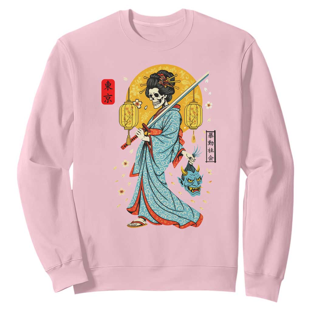 Gothic Samurai Geisha Skeleton Sweatshirt Japanese Kimono And Katana TS12 Light Pink Print Your Wear