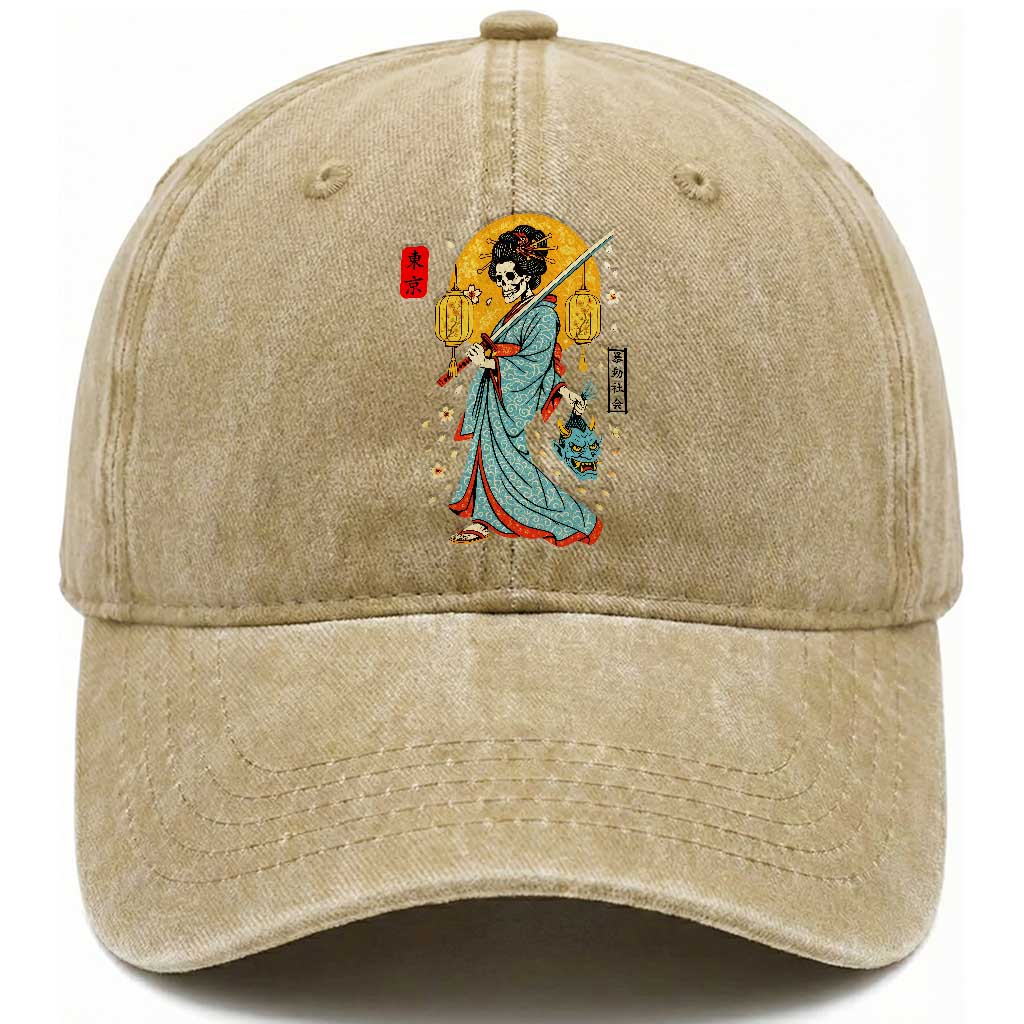 Gothic Samurai Geisha Skeleton Washed Cotton Baseball Cap Japanese Kimono And Katana TS12 Print Your Wear