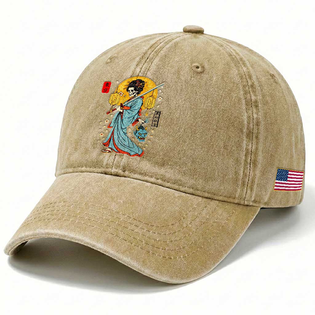 Gothic Samurai Geisha Skeleton Washed Cotton Baseball Cap Japanese Kimono And Katana TS12 Print Your Wear