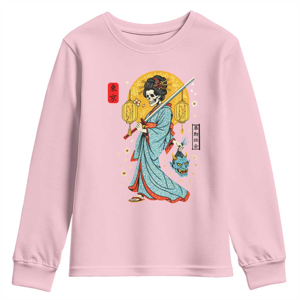 Gothic Samurai Geisha Skeleton Youth Sweatshirt Japanese Kimono And Katana TS12 Light Pink Print Your Wear