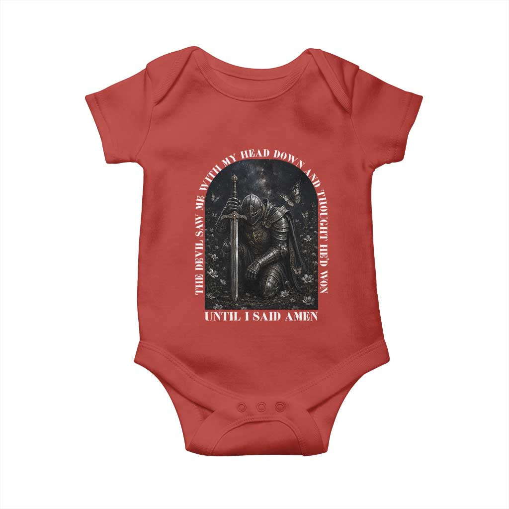 Christian Knight Templar Crusader Baby Onesie The Devil Saw Me With My Head Down And Thought He'd Won TS12 Red Print Your Wear