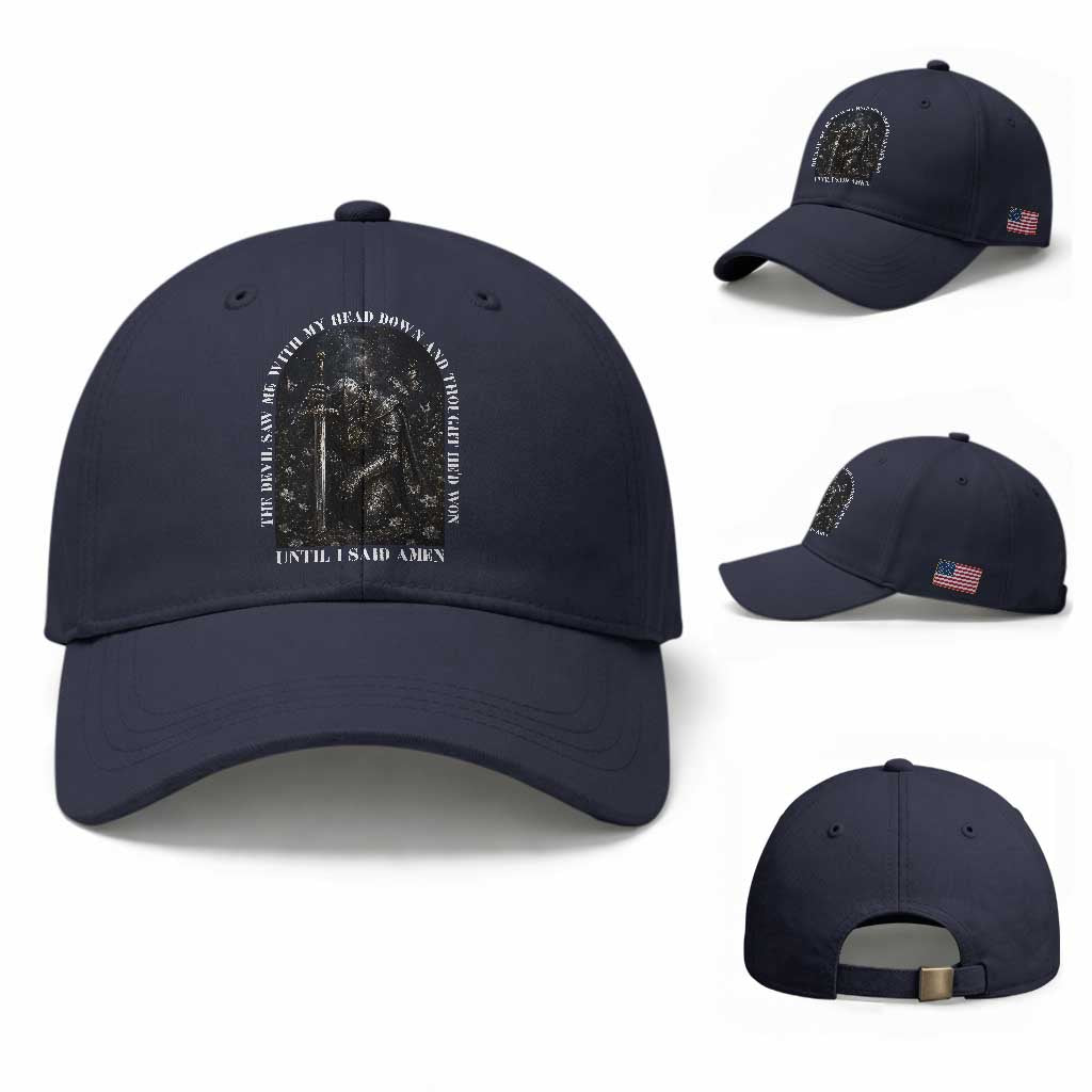 Christian Knight Templar Crusader Baseball Cap The Devil Saw Me With My Head Down And Thought He'd Won TS12 Baseball Cap Universal Fit Navy Print Your Wear