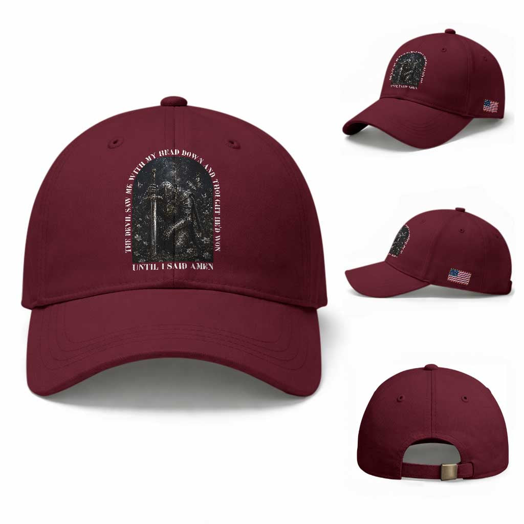 Christian Knight Templar Crusader Baseball Cap The Devil Saw Me With My Head Down And Thought He'd Won TS12 Baseball Cap Universal Fit Maroon Print Your Wear