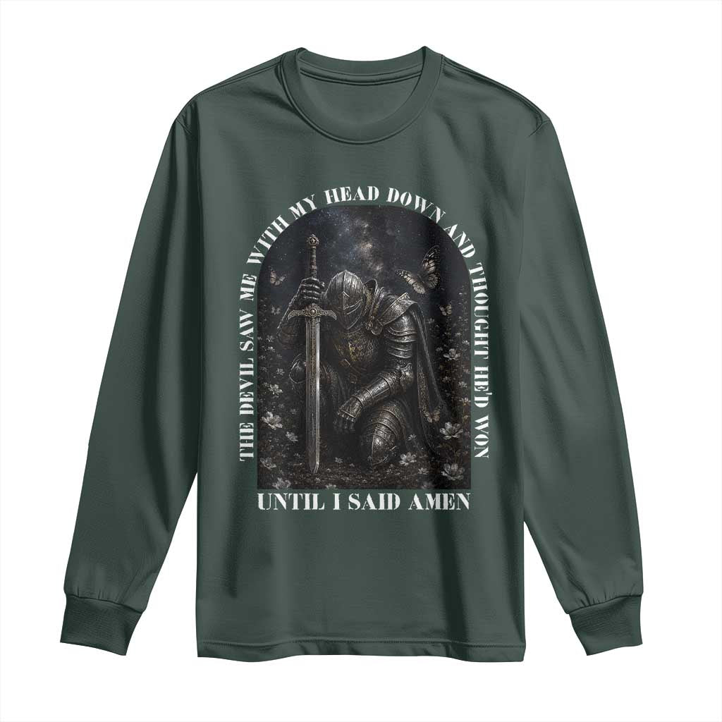 Christian Knight Templar Crusader Long Sleeve Shirt The Devil Saw Me With My Head Down And Thought He'd Won TS12 Dark Forest Green Print Your Wear