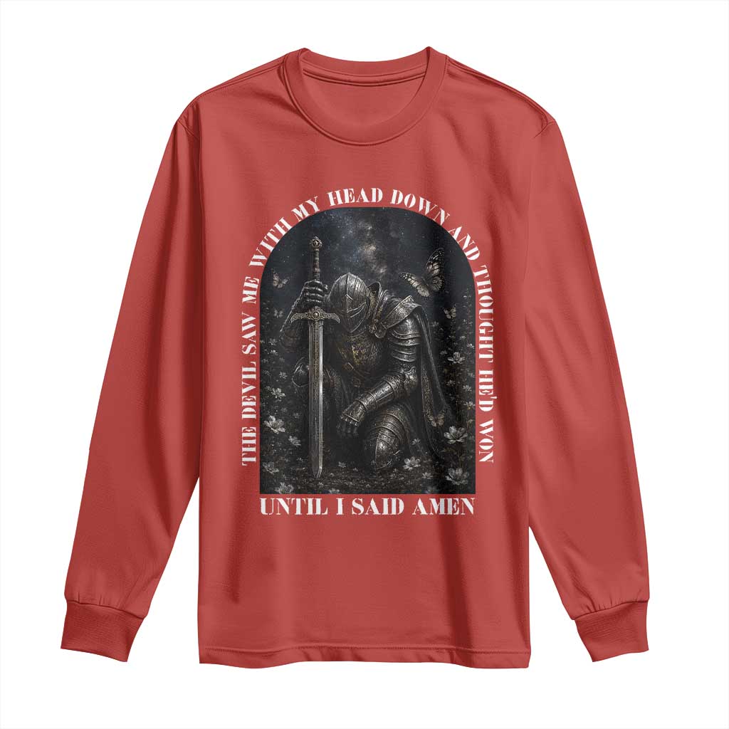 Christian Knight Templar Crusader Long Sleeve Shirt The Devil Saw Me With My Head Down And Thought He'd Won TS12 Red Print Your Wear