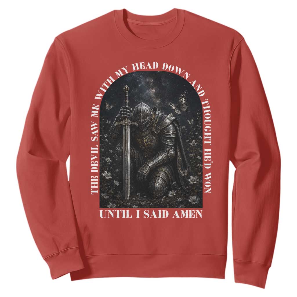 Christian Knight Templar Crusader Sweatshirt The Devil Saw Me With My Head Down And Thought He'd Won TS12 Red Print Your Wear