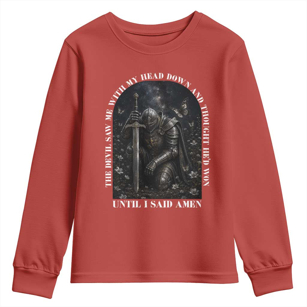 Christian Knight Templar Crusader Youth Sweatshirt The Devil Saw Me With My Head Down And Thought He'd Won TS12 Red Print Your Wear