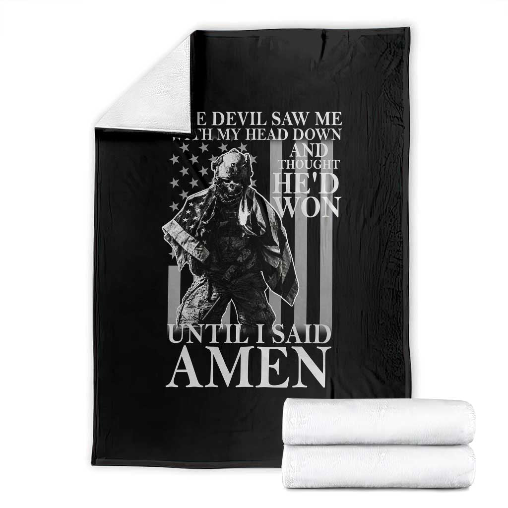 Military Soldier Skull Christian Faith Throw Blanket The Devil Saw Me With My Head Down And Thought He'd Won TS12 Black Print Your Wear