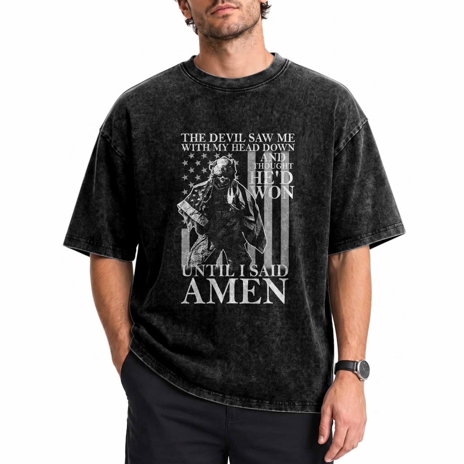 Military Soldier Skull Christian Faith Washed Cotton T-Shirt The Devil Saw Me With My Head Down And Thought He'd Won