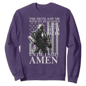 Military Soldier Skull Christian Faith Sweatshirt The Devil Saw Me With My Head Down And Thought He'd Won TS12 Purple Print Your Wear