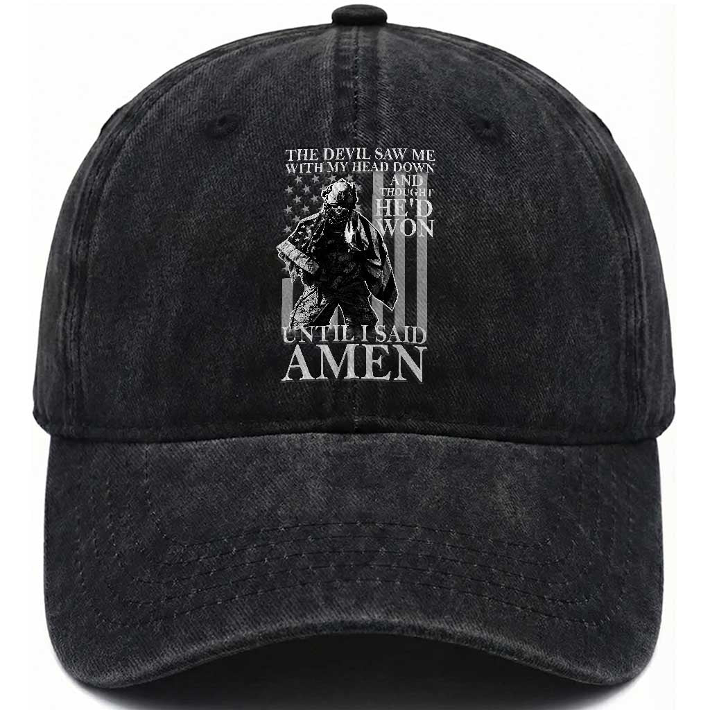 Military Soldier Skull Christian Faith Washed Cotton Baseball Cap The Devil Saw Me With My Head Down And Thought He'd Won TS12 Print Your Wear