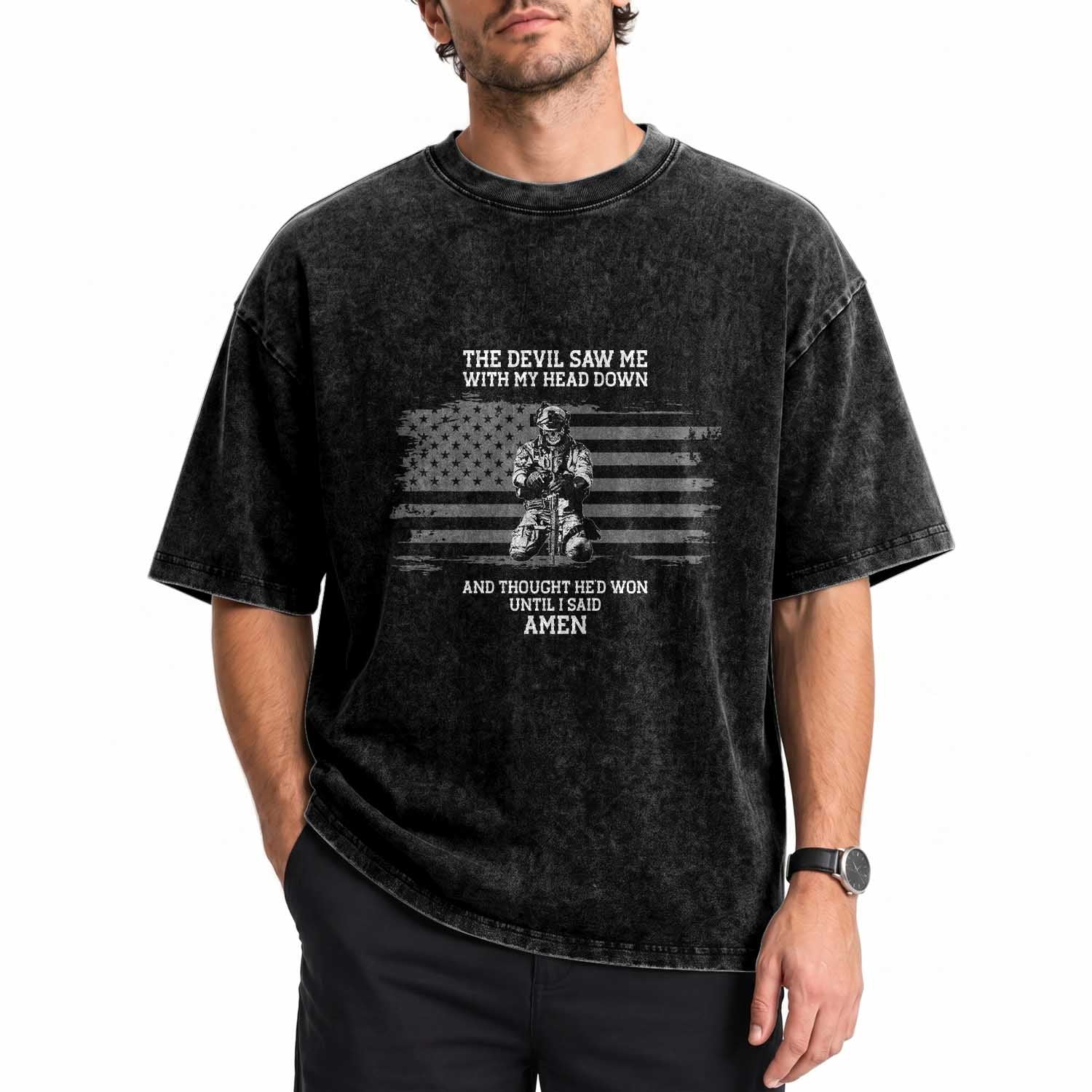 Soldier Skull Christian Faith Quote Washed Cotton T-Shirt The Devil Saw Me With My Head Down And Thought He'd Won