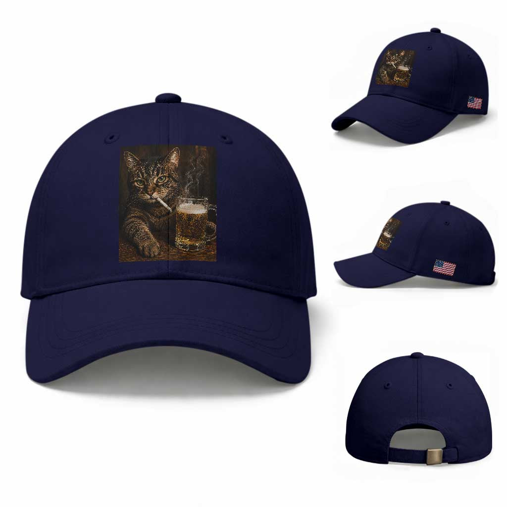 Funny Smoking Cat Baseball Cap Cigarette Kitty Beer Lover TS12 Baseball Cap Universal Fit Dark Blue Print Your Wear