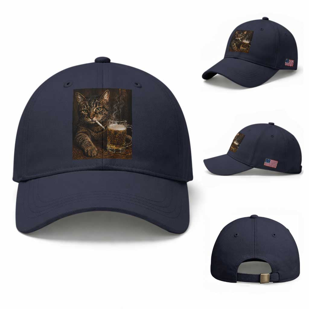Funny Smoking Cat Baseball Cap Cigarette Kitty Beer Lover TS12 Baseball Cap Universal Fit Navy Print Your Wear
