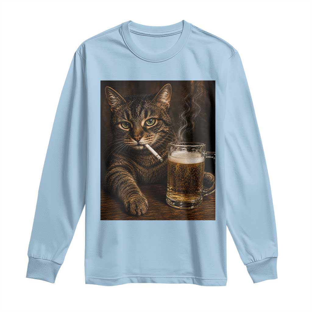 Funny Smoking Cat Long Sleeve Shirt Cigarette Kitty Beer Lover TS12 Light Blue Print Your Wear