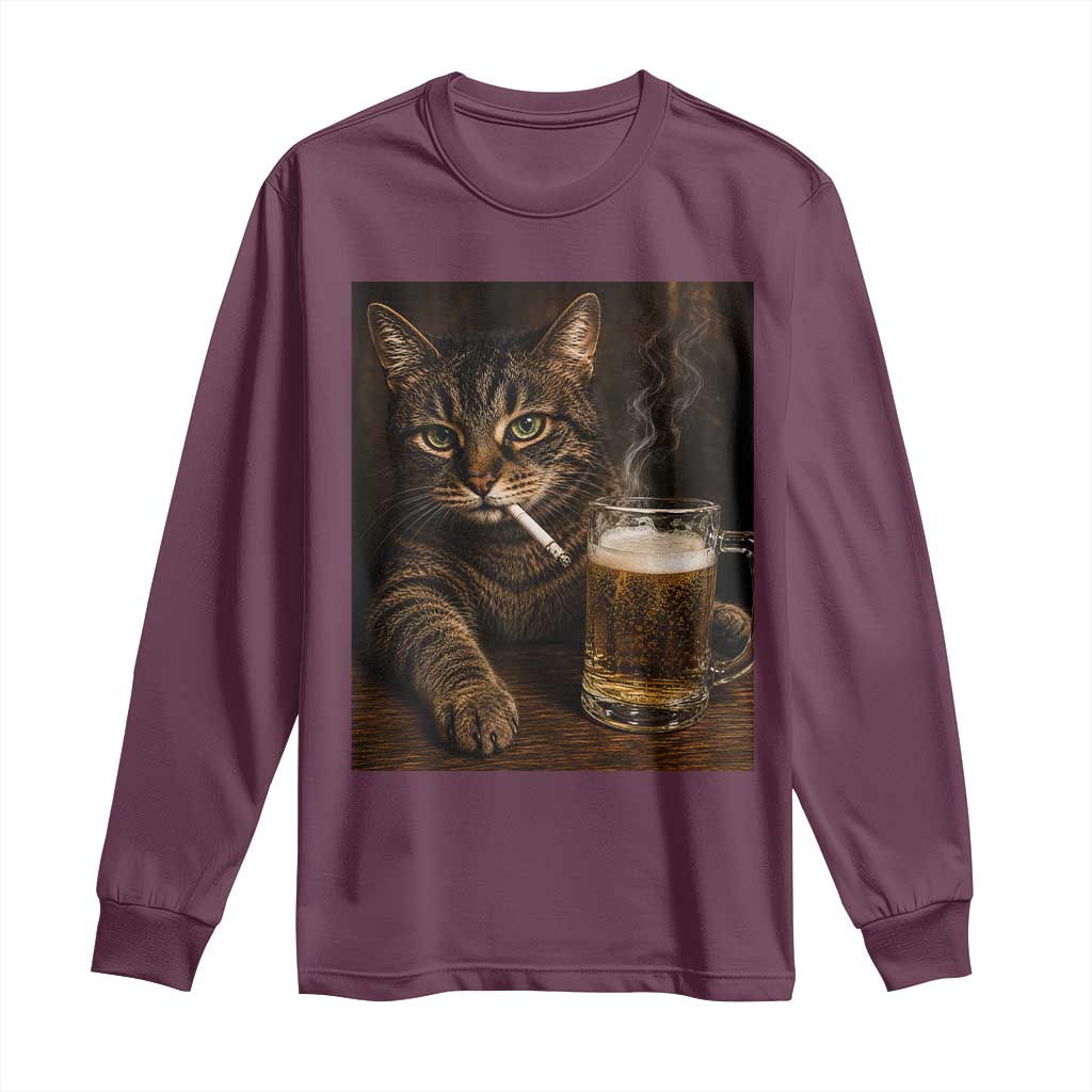 Funny Smoking Cat Long Sleeve Shirt Cigarette Kitty Beer Lover TS12 Maroon Print Your Wear
