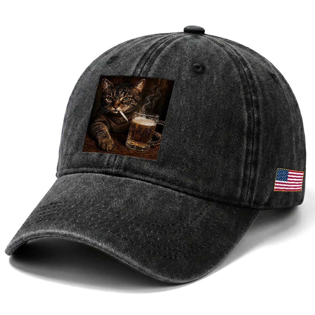 Funny Smoking Cat Washed Cotton Baseball Cap Cigarette Kitty Beer Lover TS12 Print Your Wear